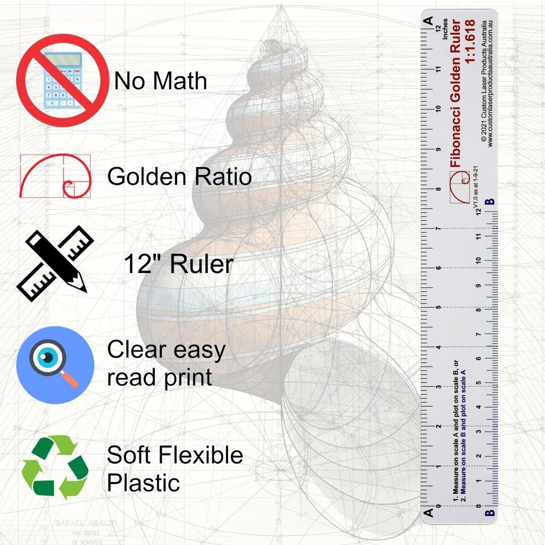12" No-Math Fibonacci Ruler in use — dual-scale proportional ruler