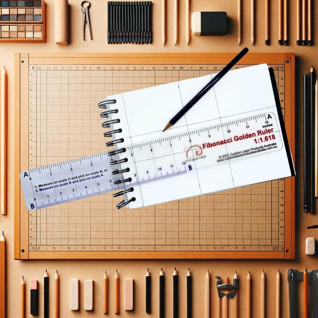 12" No-Math Fibonacci Ruler key features and Fibonacci, golden ratio, halving and rule-of-thirds without arithmetic