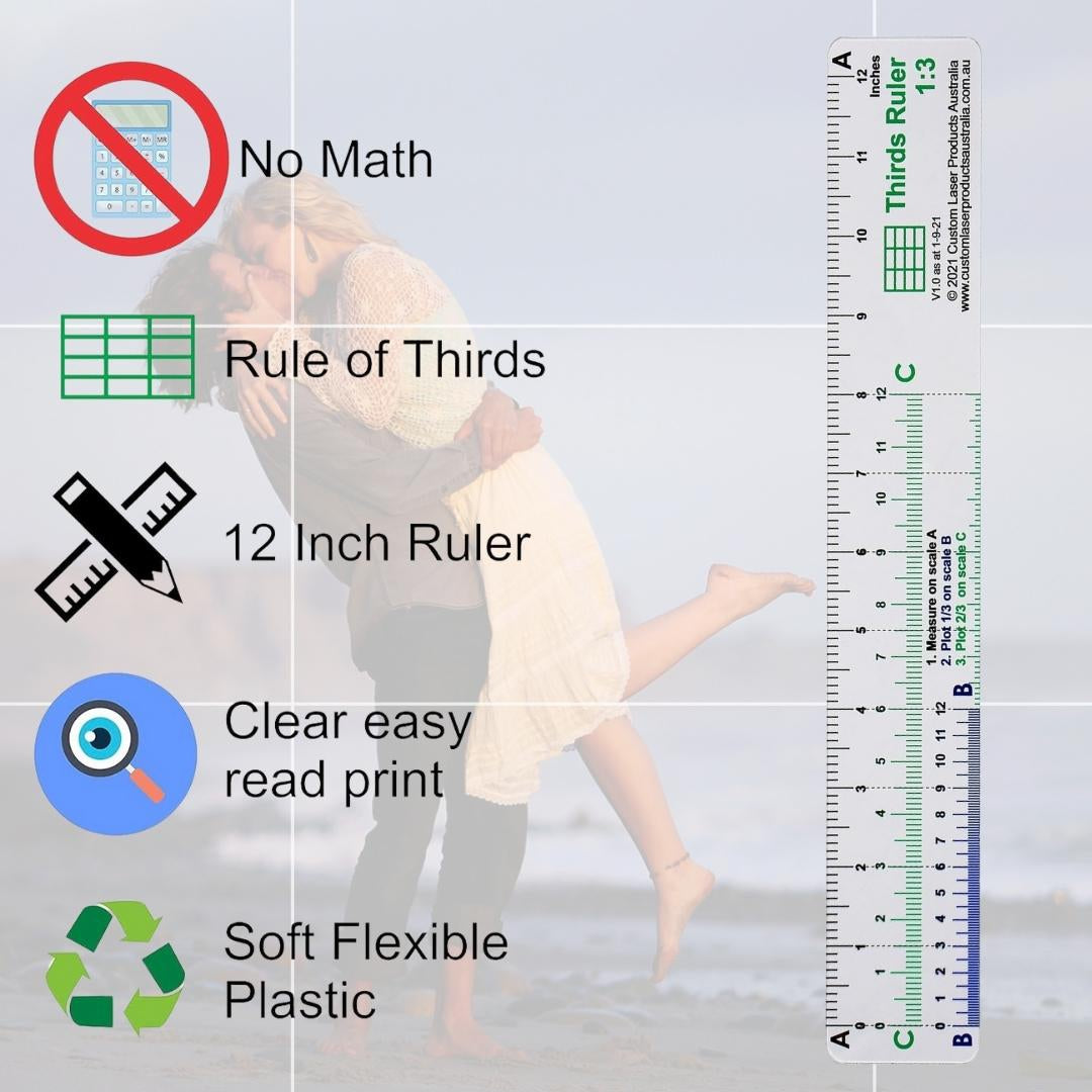 12" No-Math Rule of Thirds Ruler in use — dual-scale proportional ruler