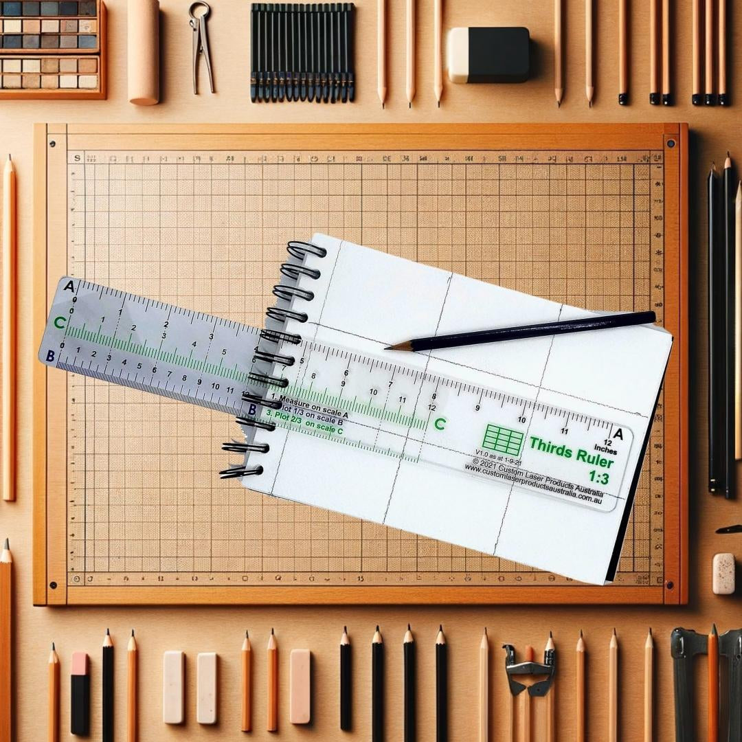 12" No-Math Rule of Thirds Ruler key features and Fibonacci, golden ratio, halving and rule-of-thirds without arithmetic