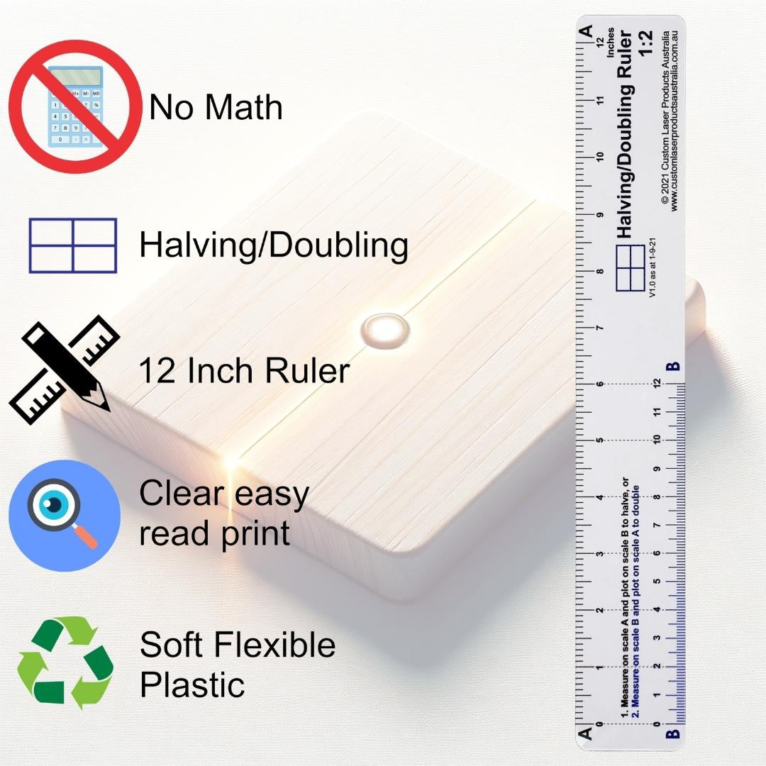 12" No-Math Halving and Doubling Ruler in use — dual-scale proportional ruler