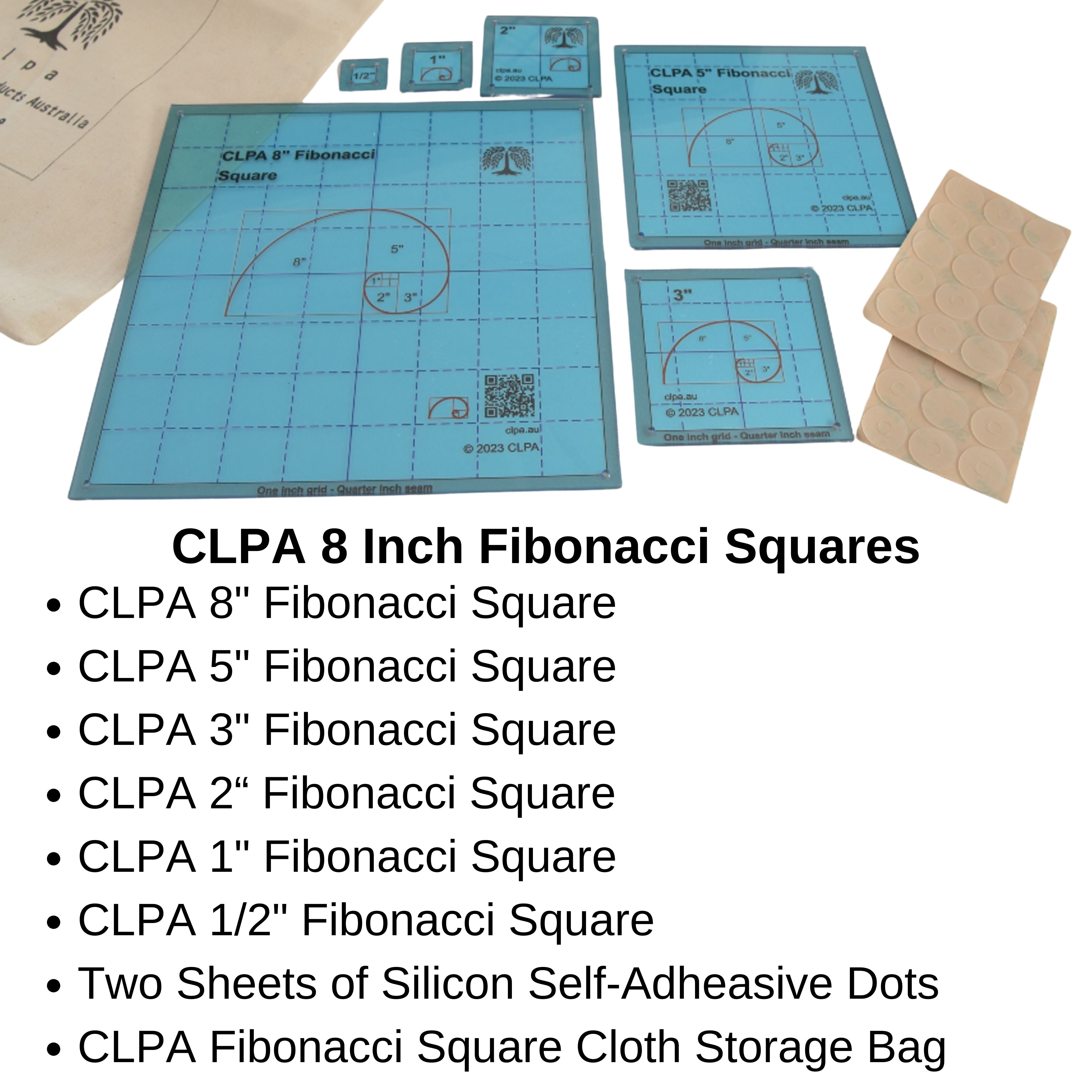 8" Fibonacci Square Quilting Template dimensions and scale reference