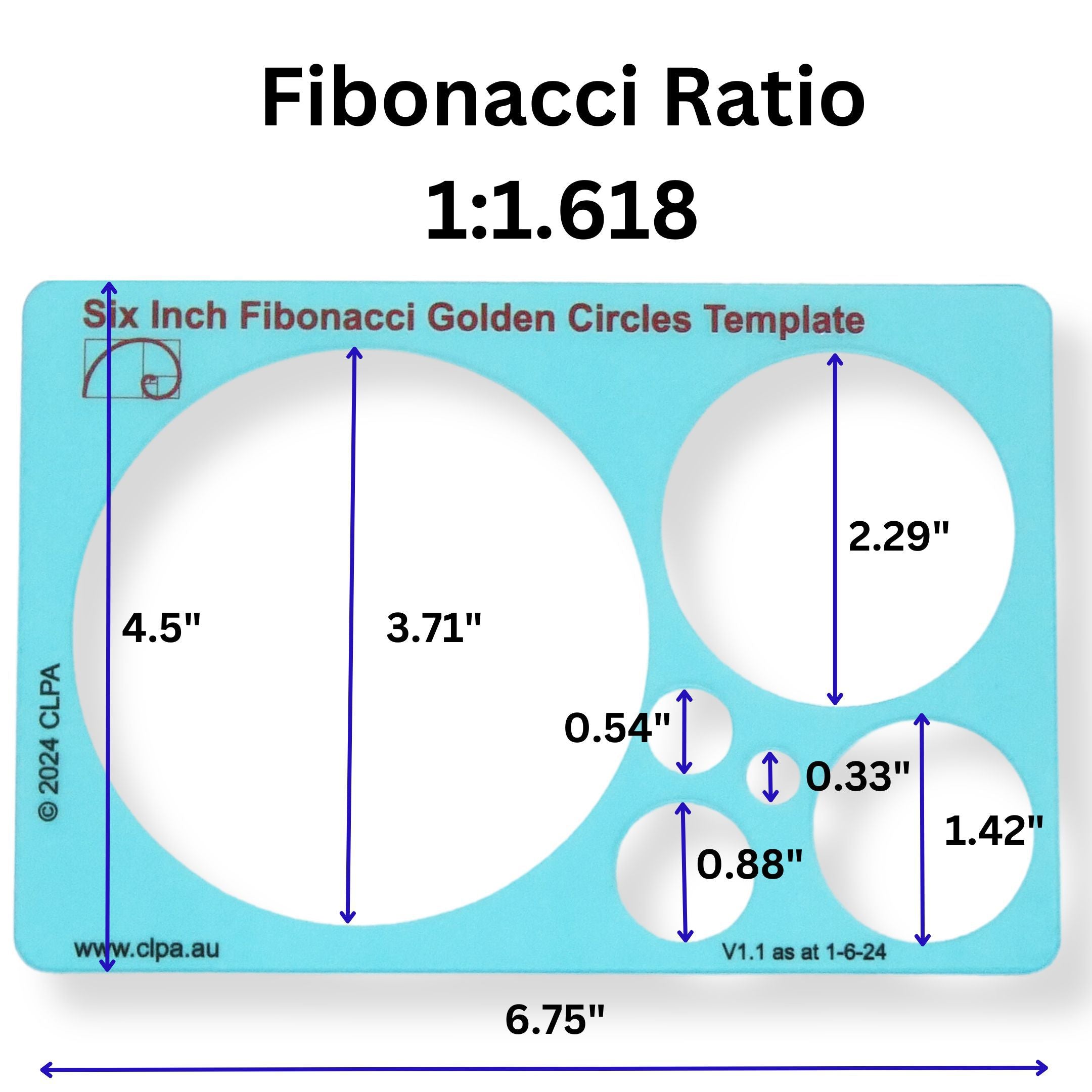 Fibonacci Template Set — 6" Circle, Star & 5" Square dimensions and scale reference