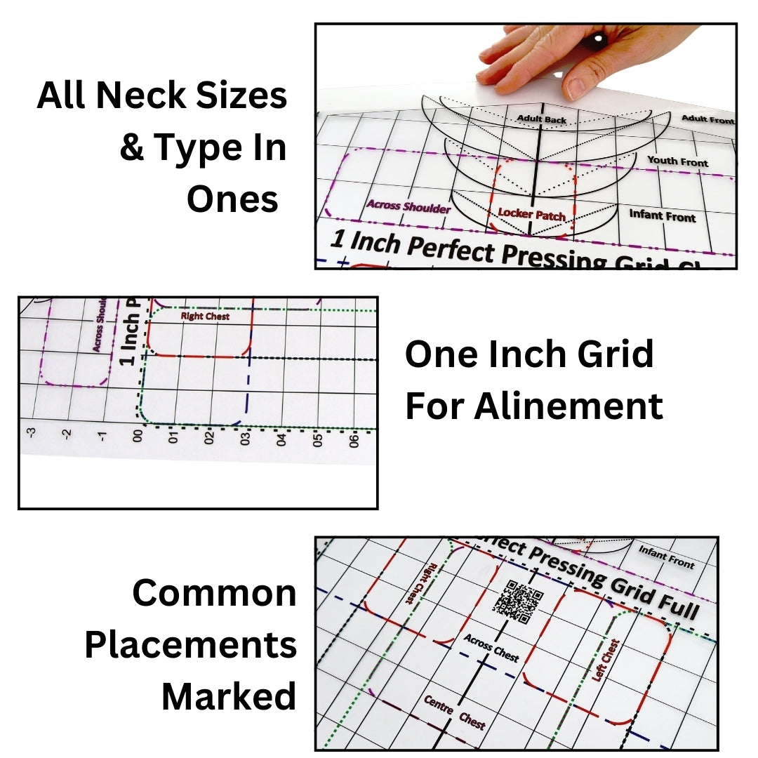 Heat Press Safe T-Shirt Ruler — Full Shirt + Heat Safe key features and HTV, DTF, sublimation and embroidery placement