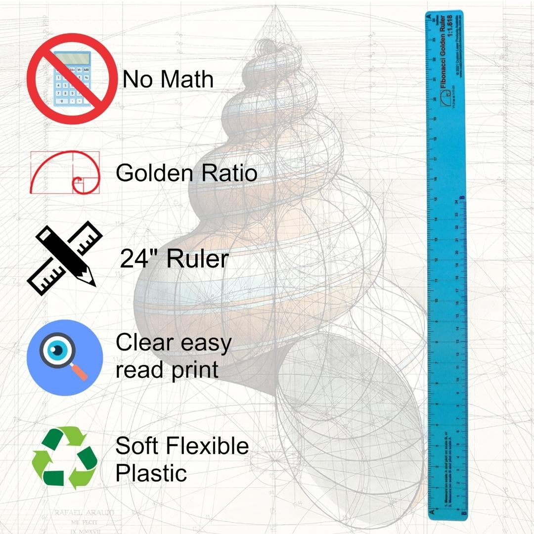 24" No-Math Fibonacci Ruler in use — dual-scale proportional ruler