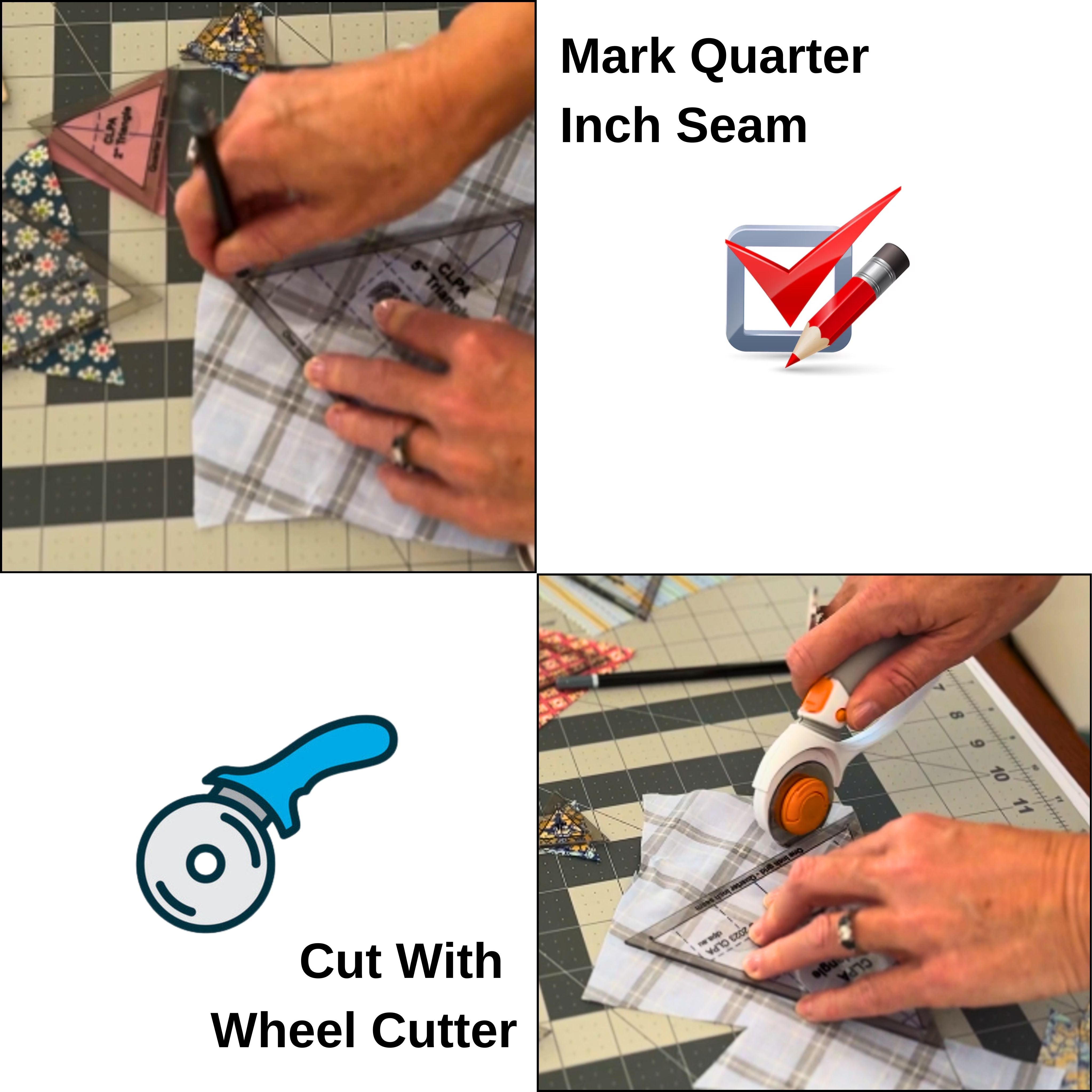 6" Triangle Quilting Template key features and rotary cutting, fussy cutting and English paper piecing