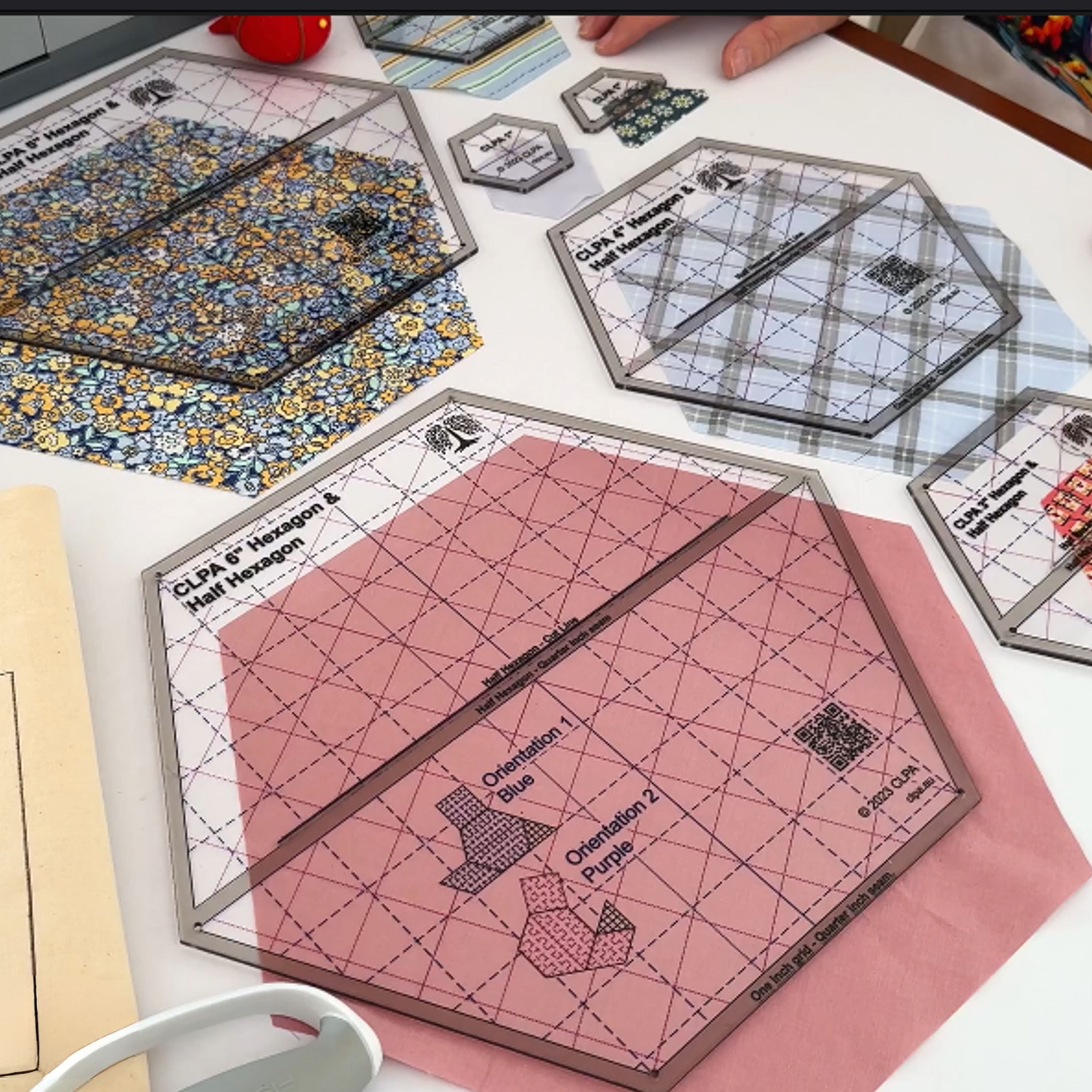 6" Hexagon Quilting Template in use — acrylic quilting template