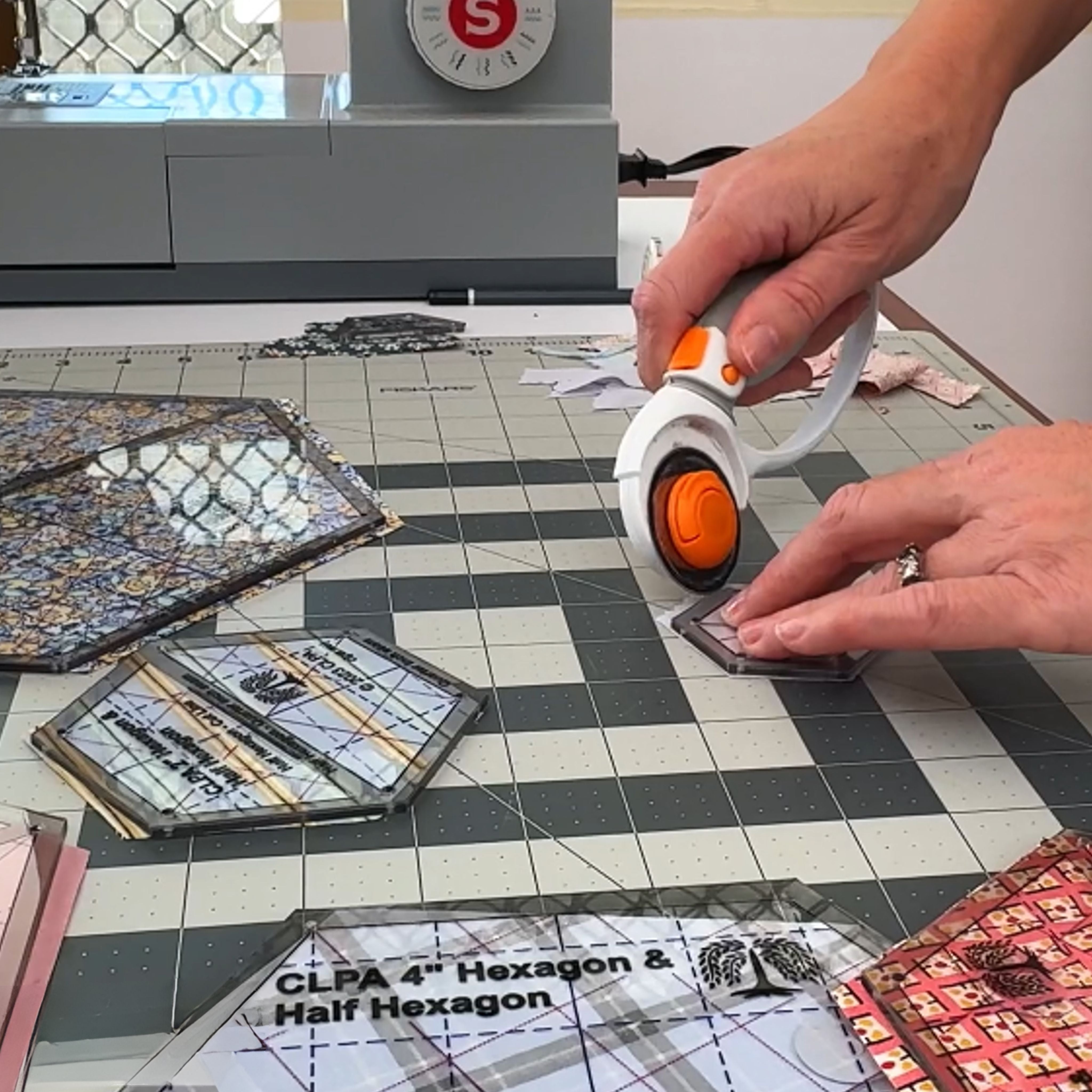 6" Hexagon Quilting Template key features and rotary cutting, fussy cutting and English paper piecing
