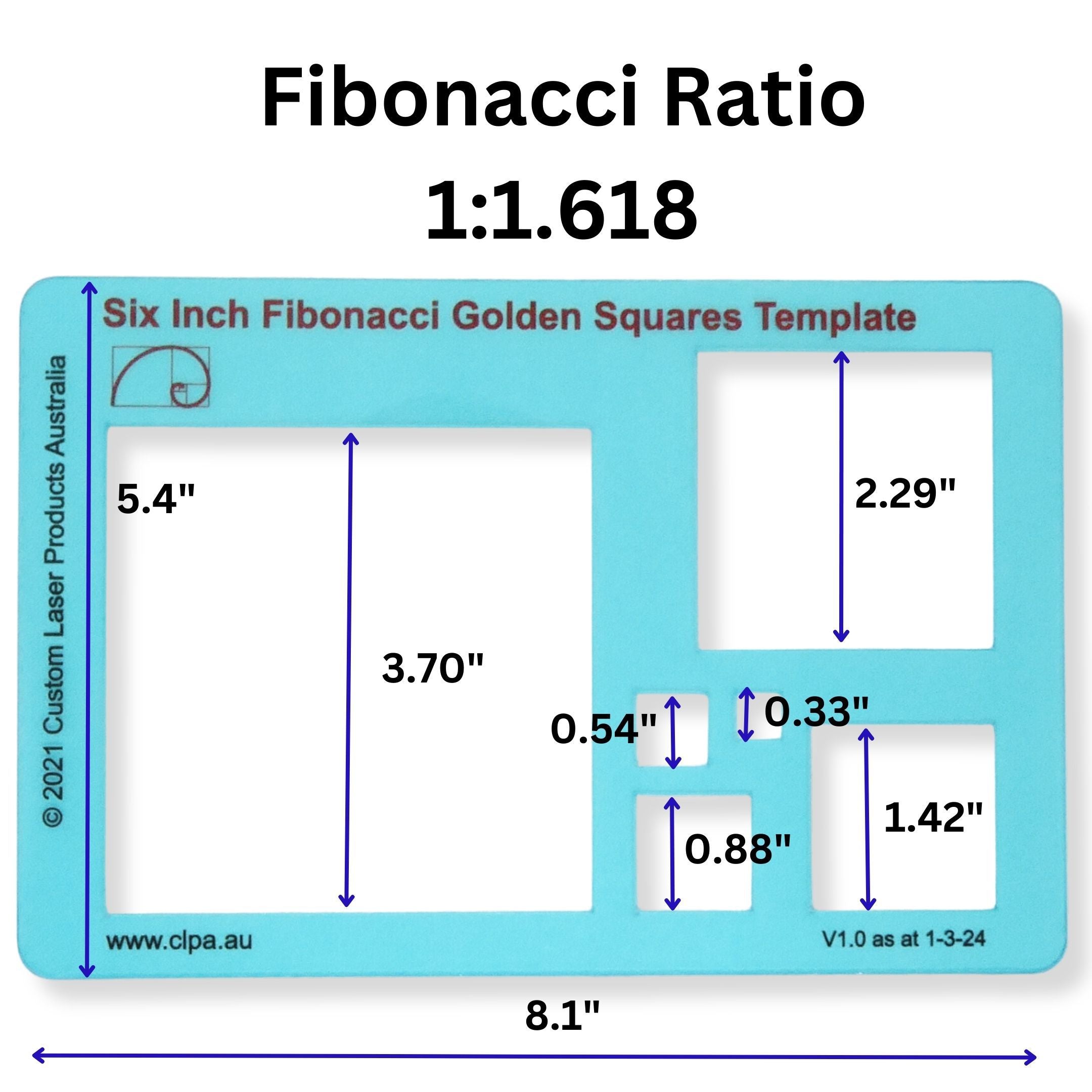 Fibonacci 2-Piece Set — 6" Square & Spiral dimensions and scale reference