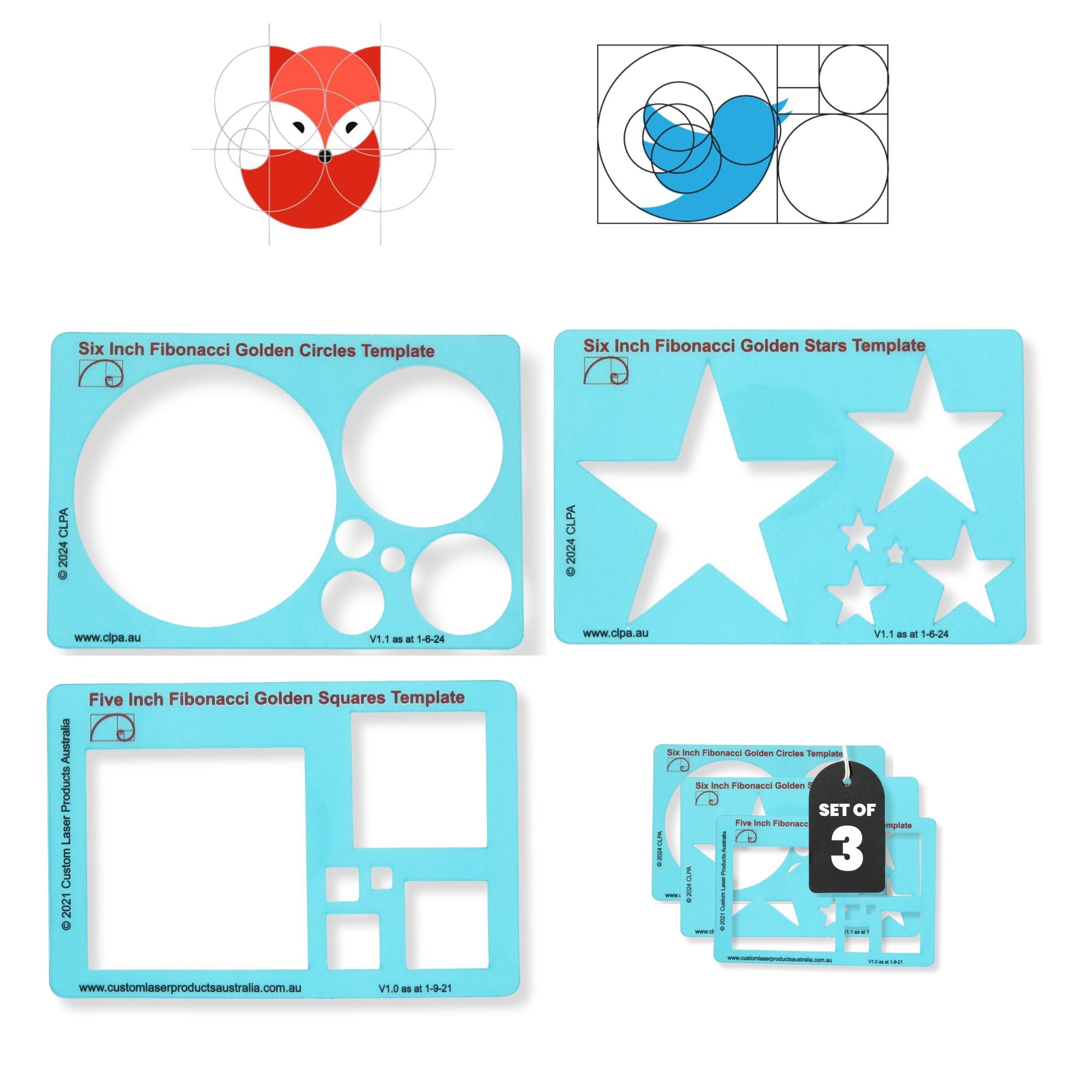 Fibonacci Full Template Set — 9 Pieces dimensions and scale reference