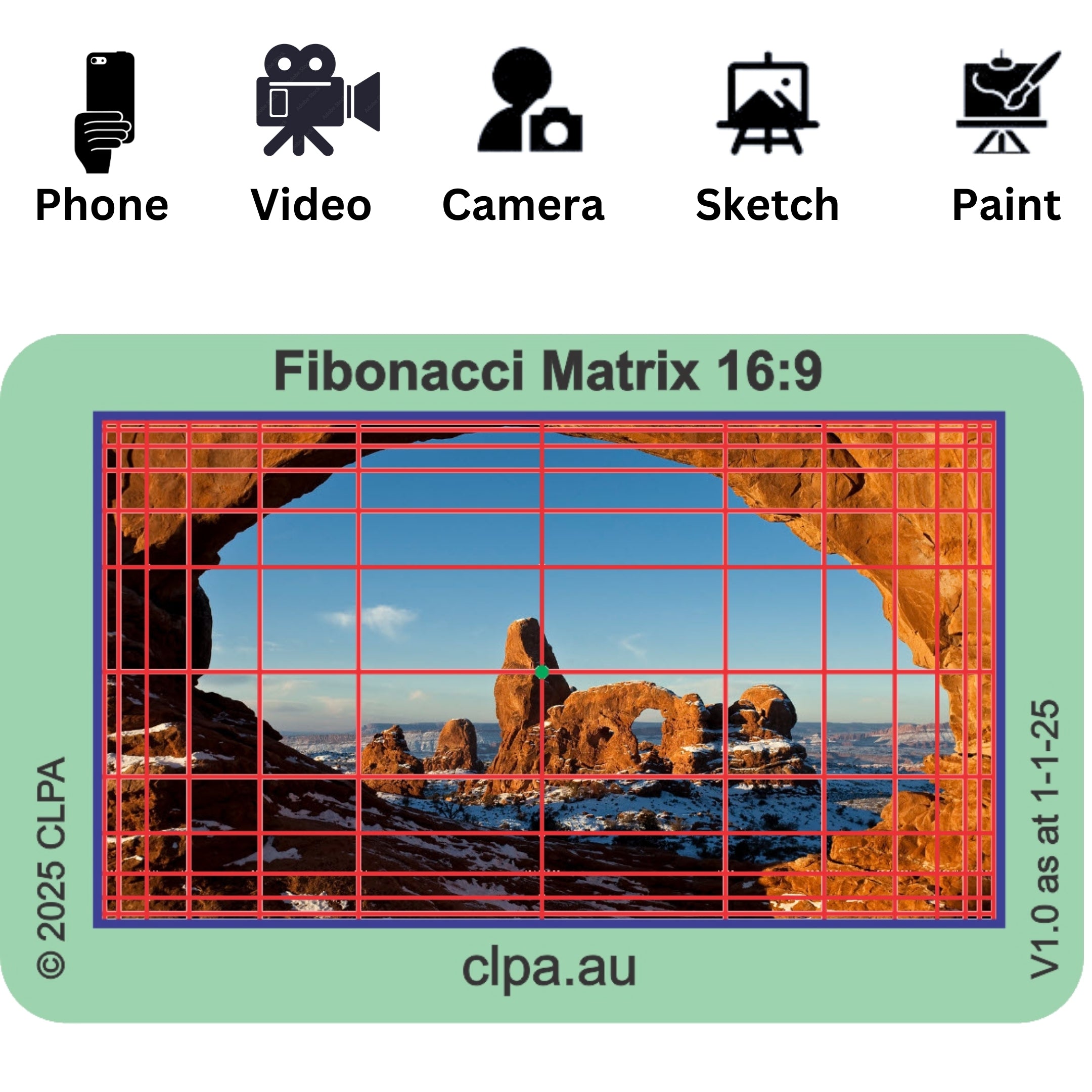 Photographic Viewfinder Set — Fibonacci key features and Fibonacci, golden ratio and dynamic symmetry composition grids