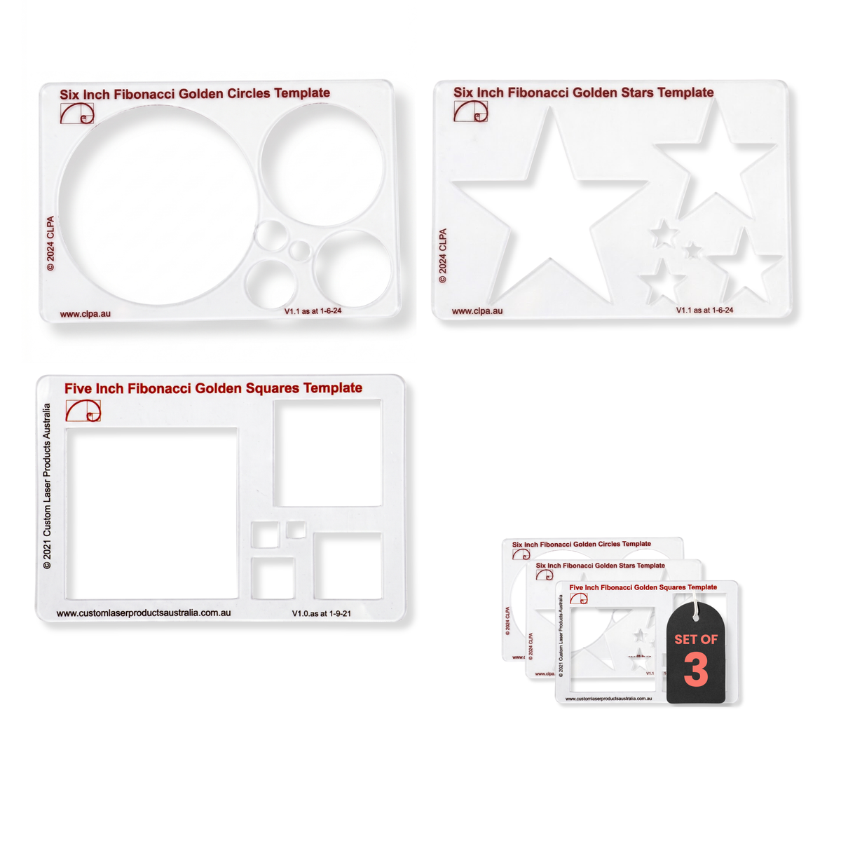 CLPA Fibonacci Template Set — 6" Circle, Star & 5" Square